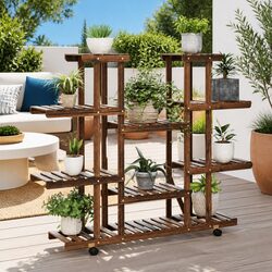Compact Wooden Flower Stand on Wheels