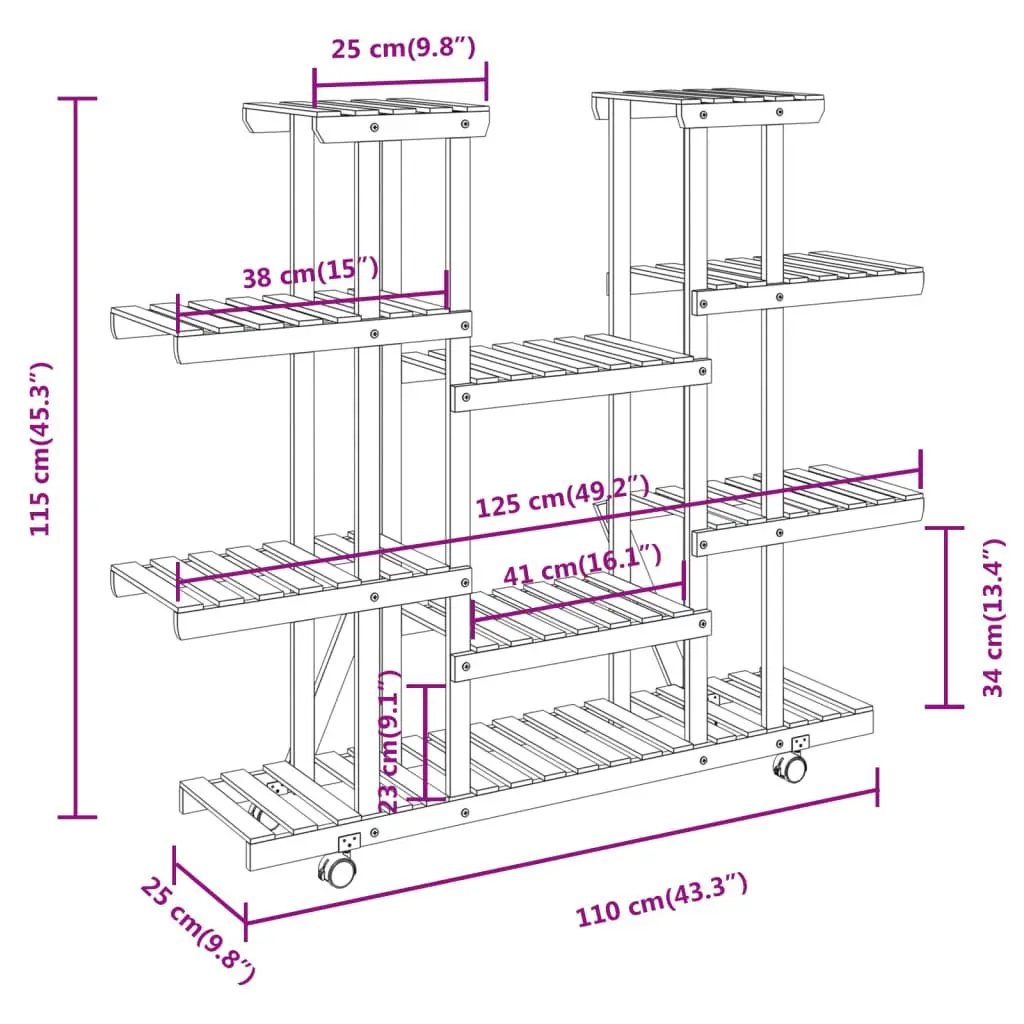 Wooden Plant Stand Brown 110x25x115cm Sturdy Construction with 360-Degree Rotatable Wheels