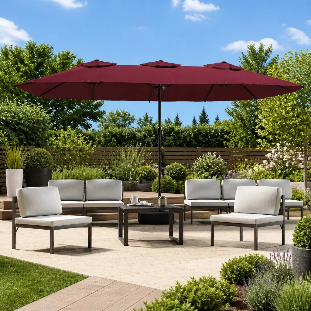 Double-Head Garden Parasol Red 449x265cm Integrated LED Lights UV-Protective Canopy