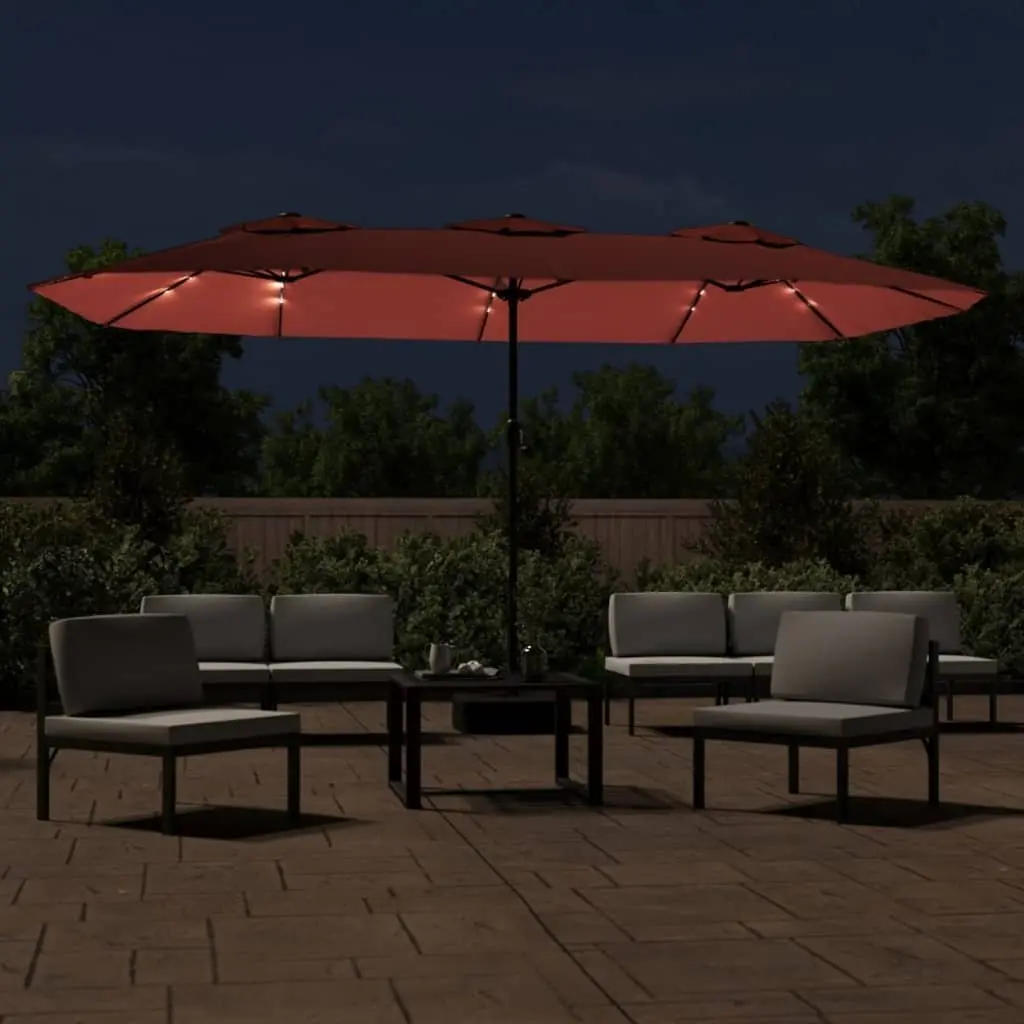 Double-Head Garden Parasol Orange 449x265cm UV Protective with LED Lights