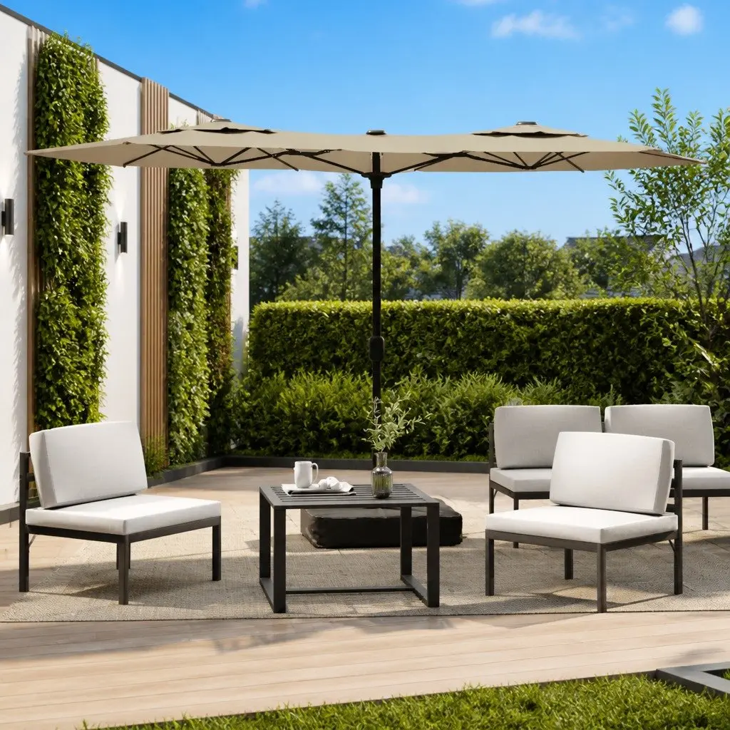 Double-Head Garden Parasol Taupe Outdoor Patio Sun Protection Crank Mechanism