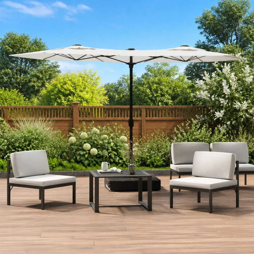 Double-Head Garden Parasol White 316x145cm with LED Lights