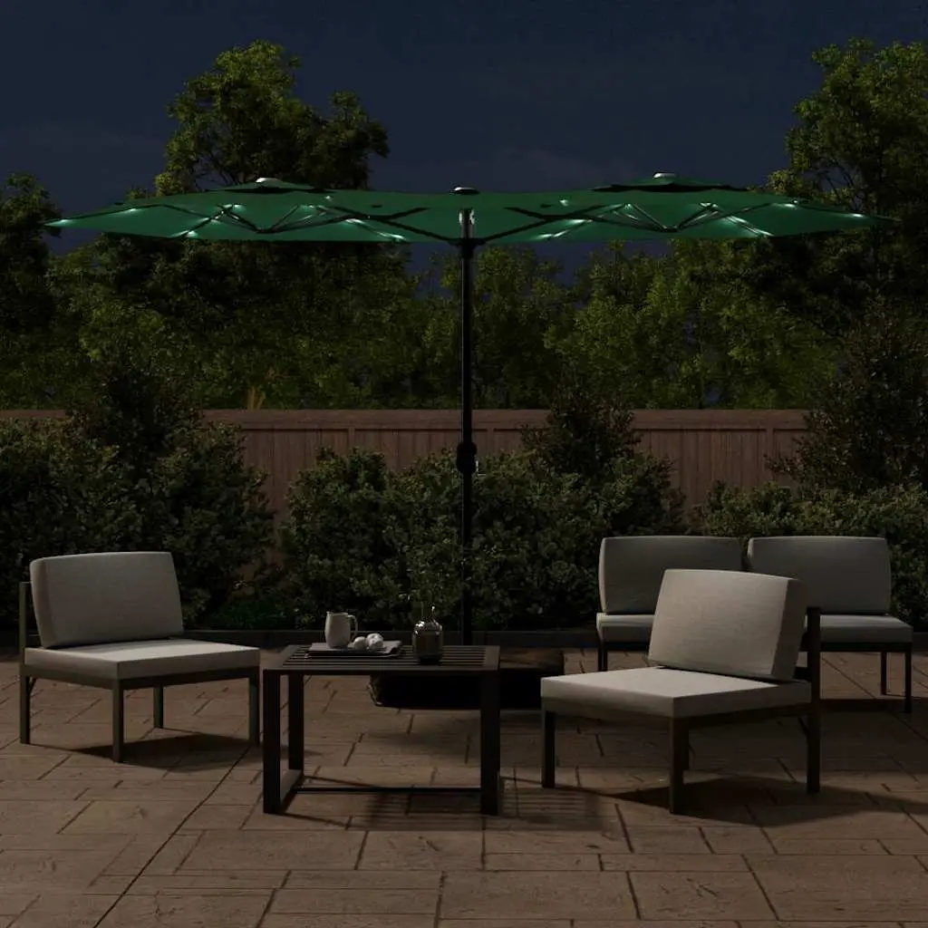 Double-Head Garden Parasol Green 316 x 145 cm Integrated LED Lights UV Protective Canopy