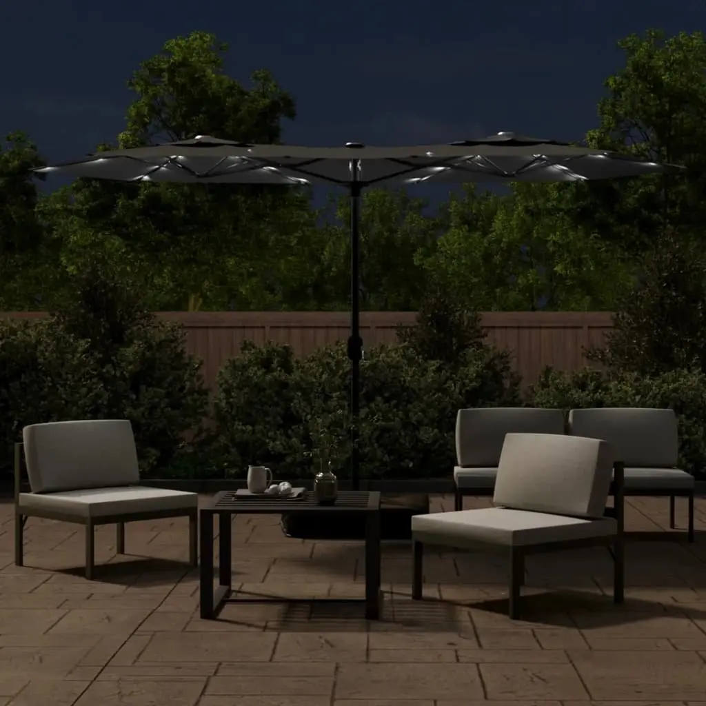 Double-Head Garden Parasol Anthracite 316x145cm LED Lights Crank Mechanism