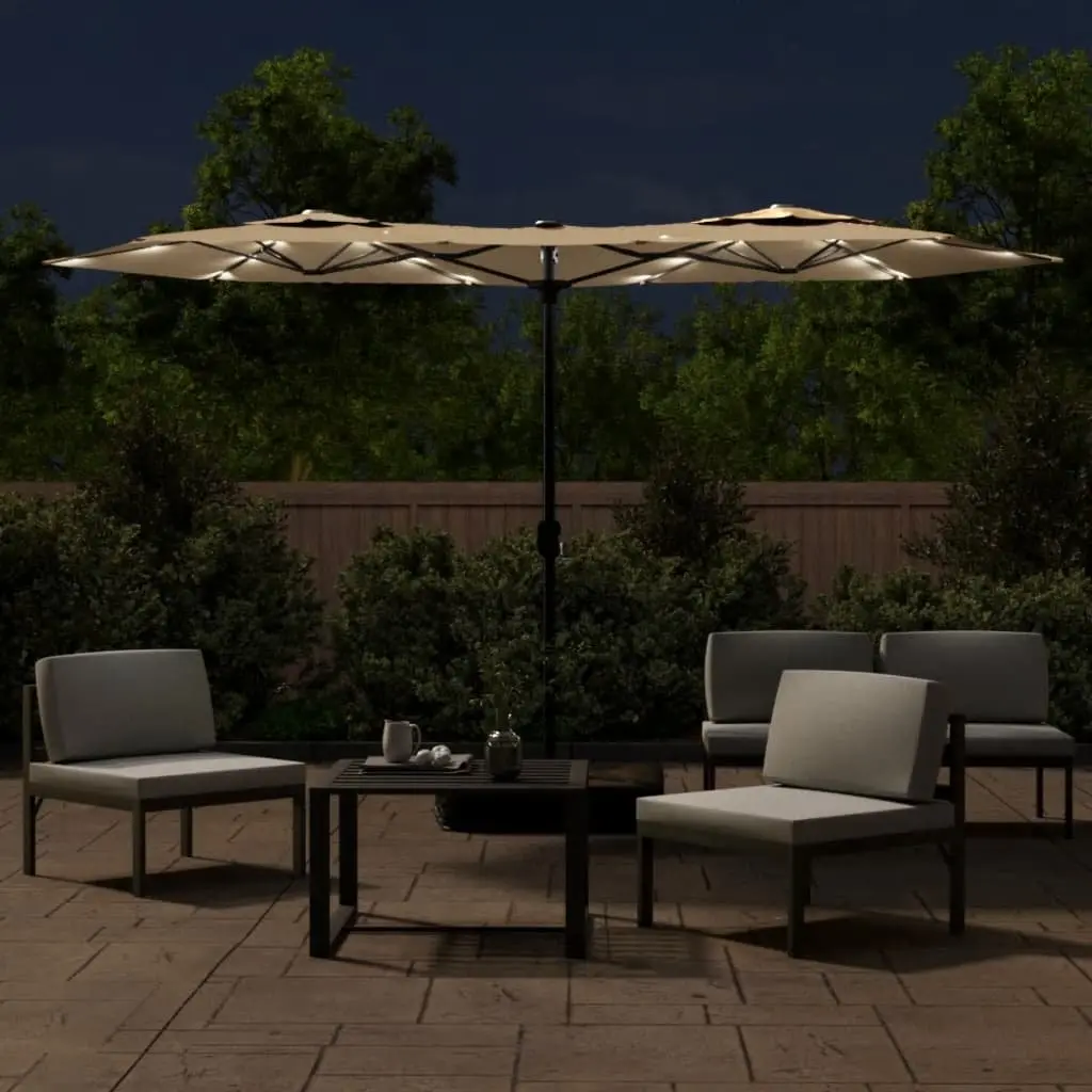 Double-Head Garden Parasol Taupe 316x145cm Integrated LED Lights UV Protection Crank Mechanism