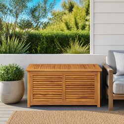 Garden Storage Box Solid Teak Wood Outdoor Bench Chest Louvres Design Brown