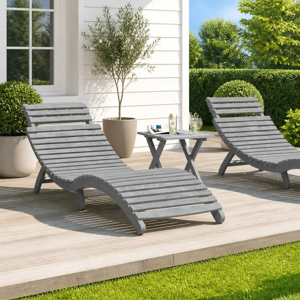 Sun Lounger Grey Solid Wood Acacia Foldable Garden Patio Pool Outdoor Lounge