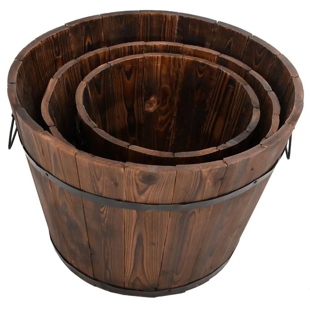 3 Piece Wooden Bucket Planter Set Brown Solid Fir Wood with Metal Handles for Flowers