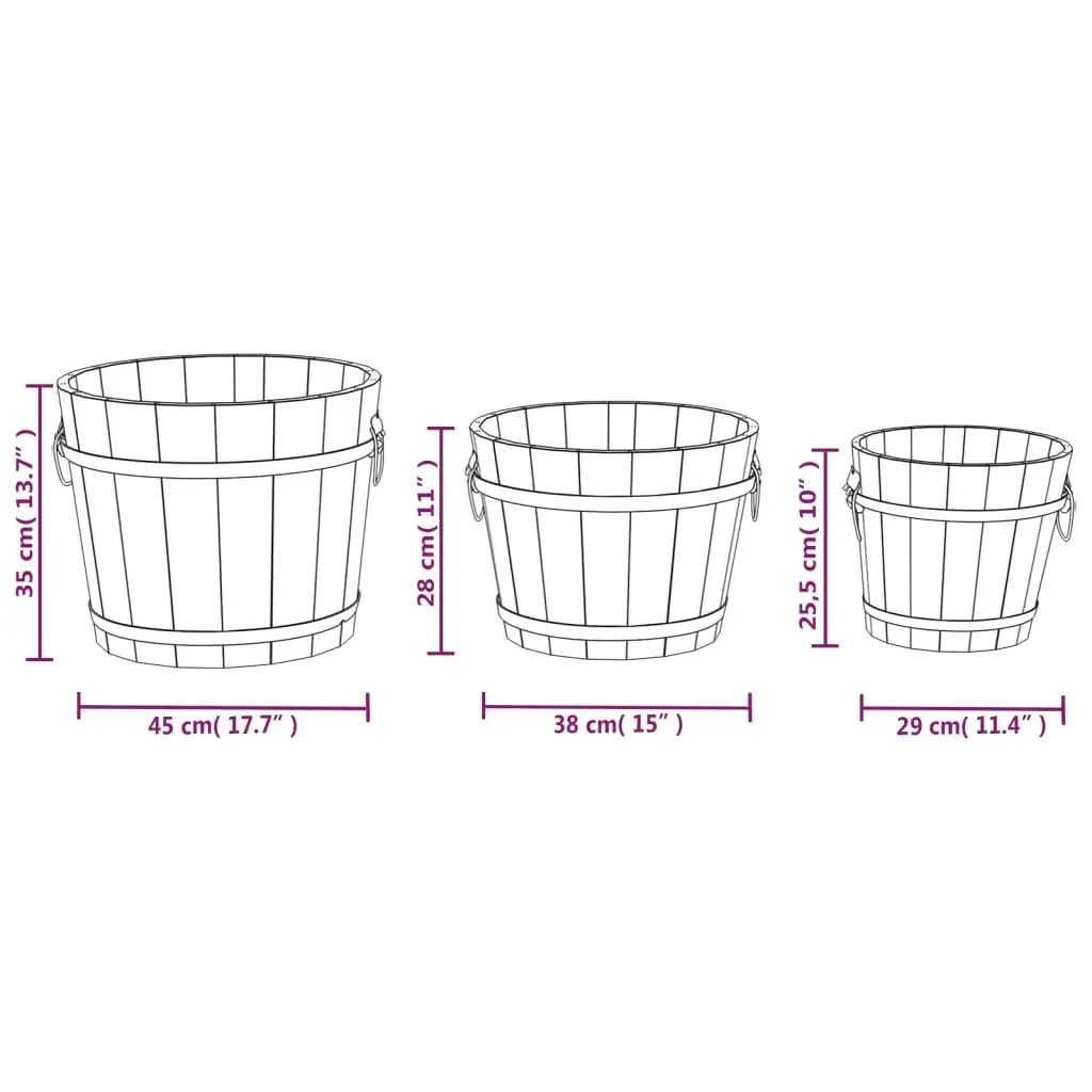 3 Piece Wooden Bucket Planter Set Brown Solid Fir Wood with Metal Handles for Flowers
