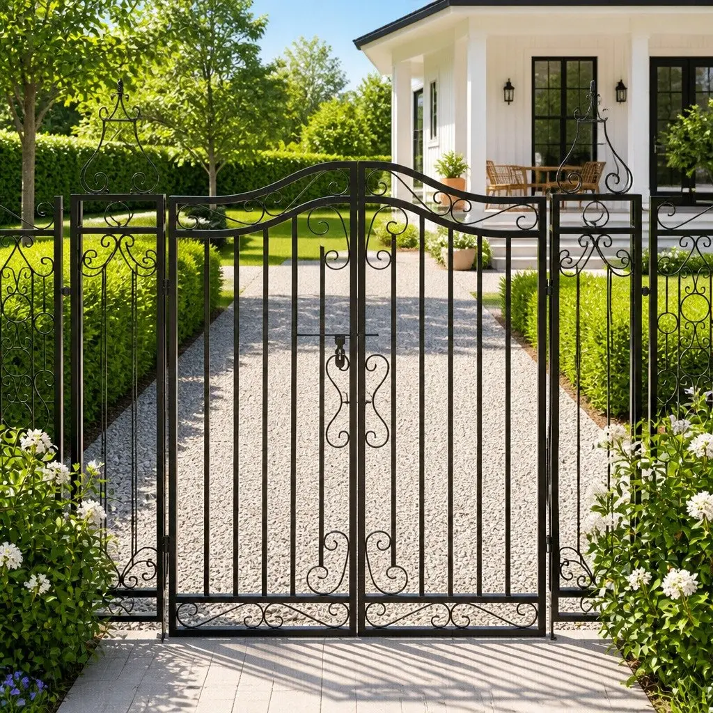 Garden Gate Black Wrought Iron Ornamental Entry with Bolt Hinge Locking System