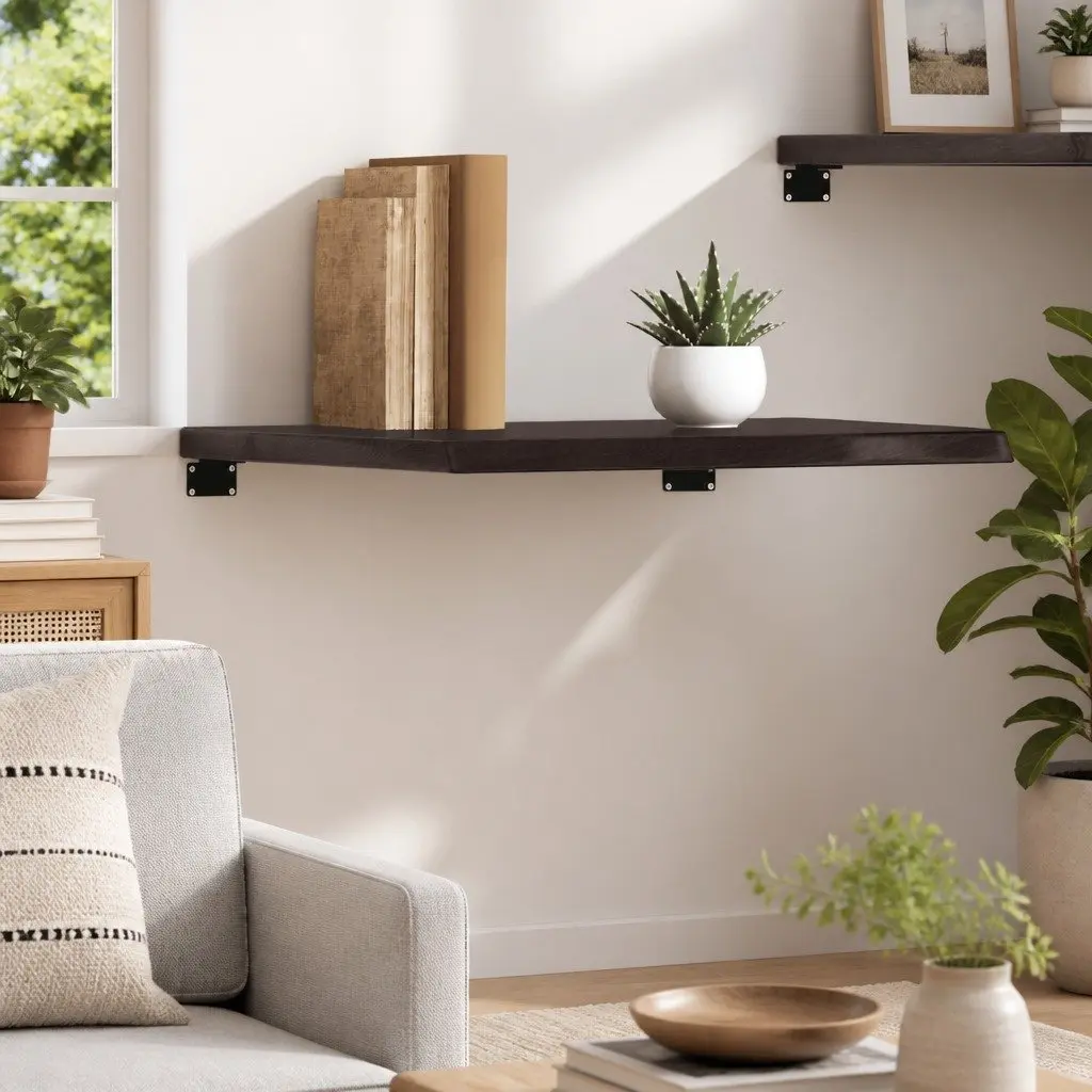Wall Shelf Dark Brown Solid Oak Wood Rustic Handmade Live Edge 60x50cm