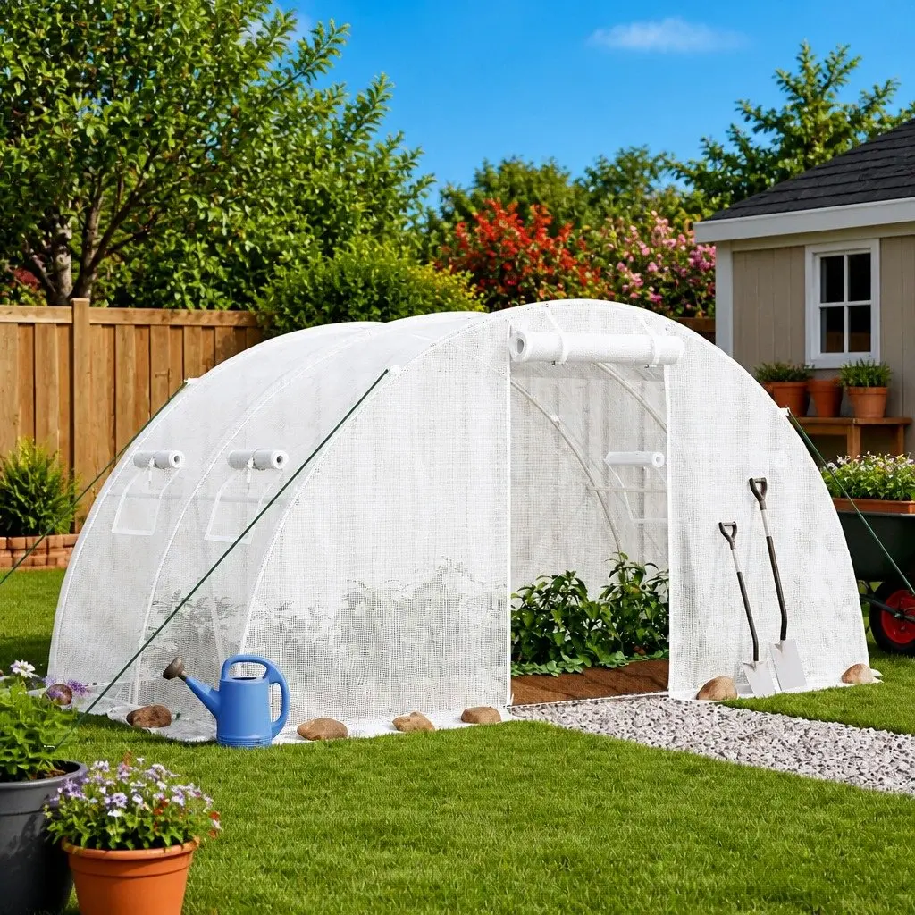 Greenhouse White 4x2x2 m Steel Frame Spacious Plant House with UV Resistant Cover and Roll-Up Door