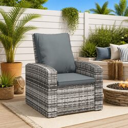 Garden Reclining Chair Grey Poly Rattan Outdoor Lounge Seat with Cushions