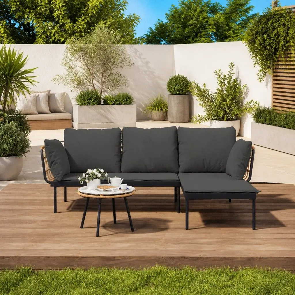 Garden Lounge Set Anthracite 3 Piece PE Rattan Outdoor Furniture with Steel Frame and Tempered Glass Tabletop