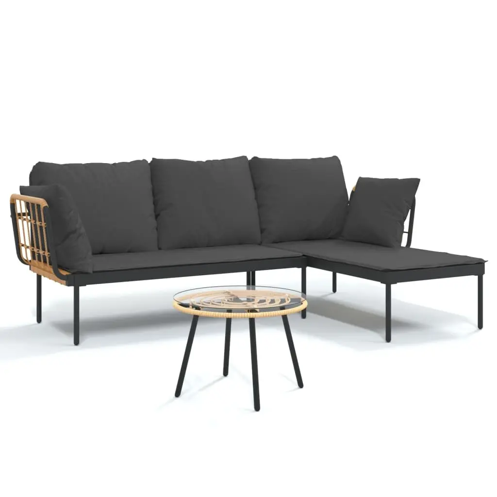 Garden Lounge Set Anthracite 3 Piece PE Rattan Outdoor Furniture with Steel Frame and Tempered Glass Tabletop