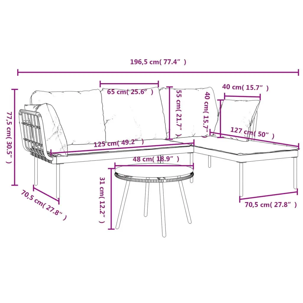 Garden Lounge Set Anthracite 3 Piece PE Rattan Outdoor Furniture with Steel Frame and Tempered Glass Tabletop