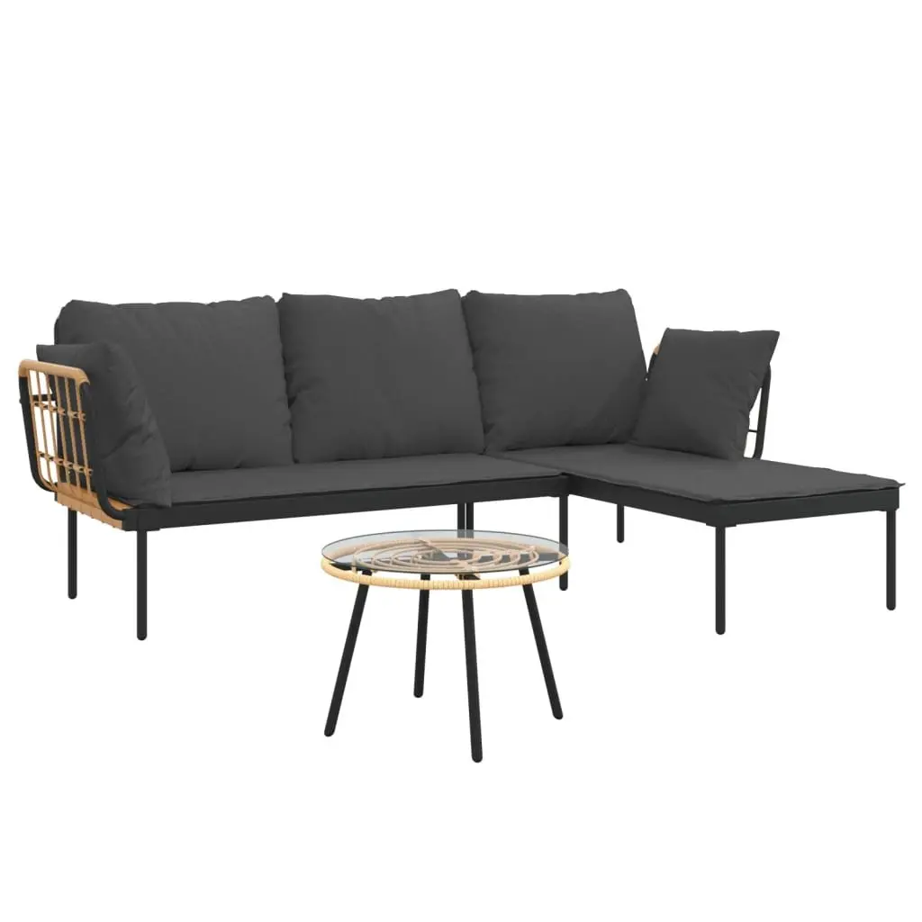 Garden Lounge Set Anthracite 3 Piece PE Rattan Outdoor Furniture with Steel Frame and Tempered Glass Tabletop