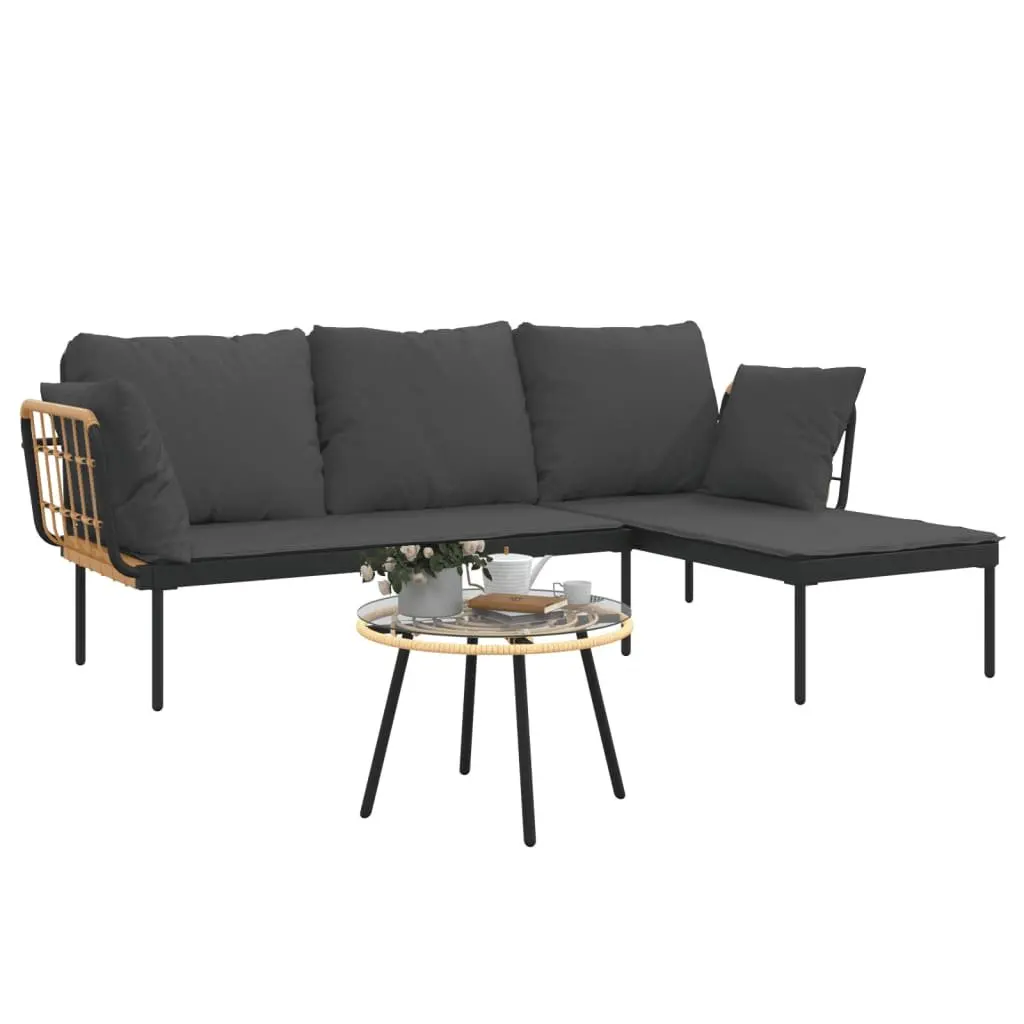 Garden Lounge Set Anthracite 3 Piece PE Rattan Outdoor Furniture with Steel Frame and Tempered Glass Tabletop