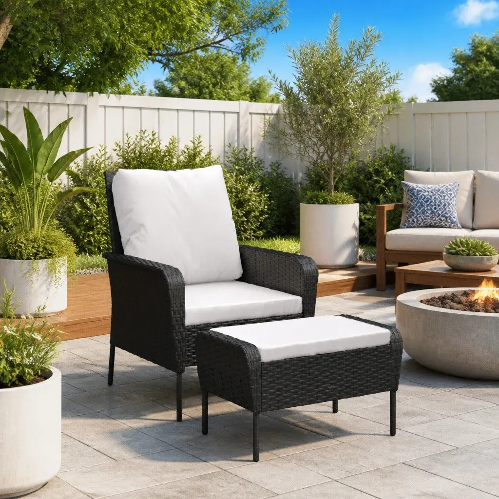 Garden Chair Black Poly Rattan Outdoor Lounge Seating with Footstool