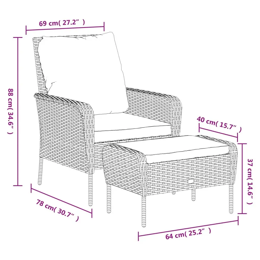 Garden Chair Black Poly Rattan Outdoor Lounge Seating with Footstool