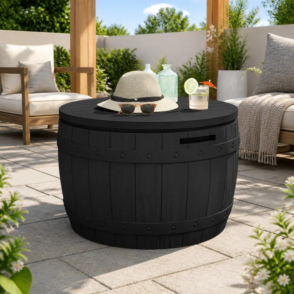 Garden Storage Box Black 3-in-1 Outdoor Bench Seat Table Polypropylene Construction