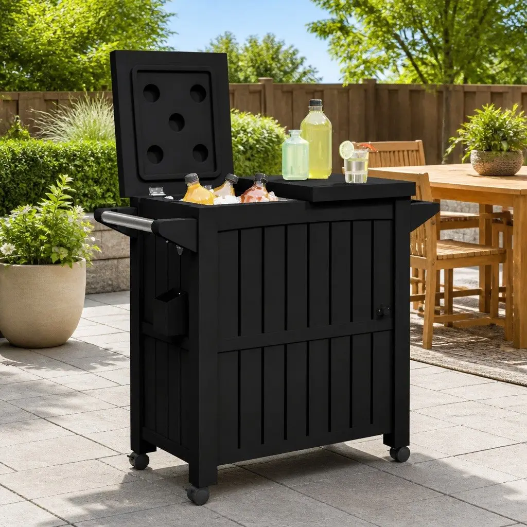 3-in-1 Serving Cart Black Rolling Kitchen Dining Trolley with Ice Bucket and Storage