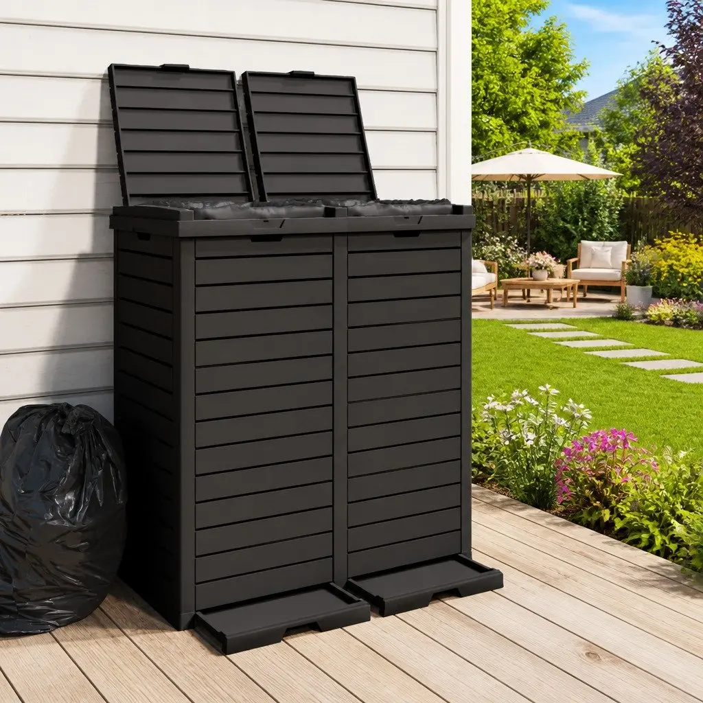 Outdoor Garbage Bin Black Large Capacity Double Lid 230L