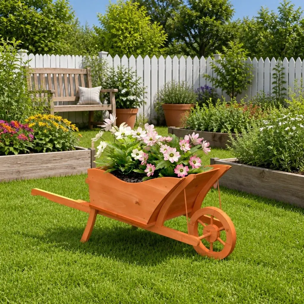 Wooden Wheelbarrow Planter Brown 128 x 45.5 x 43 cm Solid Fir Wood with Wheel Handles and Drainage Holes