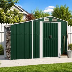 Garden Shed Green Metal Outdoor Storage Firewood Stand Ventilation Sloping Roof