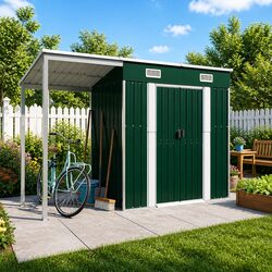 Garden Shed Extended Roof Storage Outdoor Tool House Green Steel 277x107x181cm