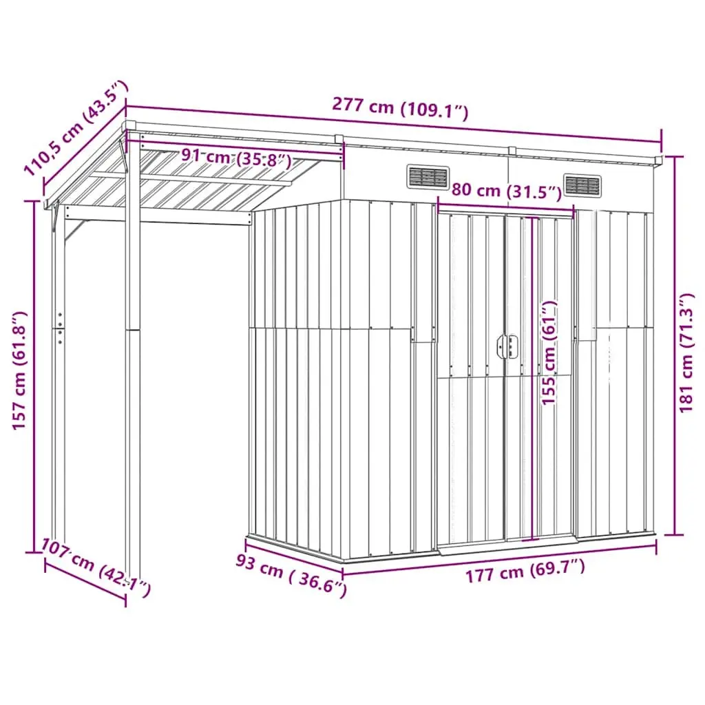 Garden Shed Grey 277x107x181cm Extended Roof Galvanised Steel Outdoor Storage