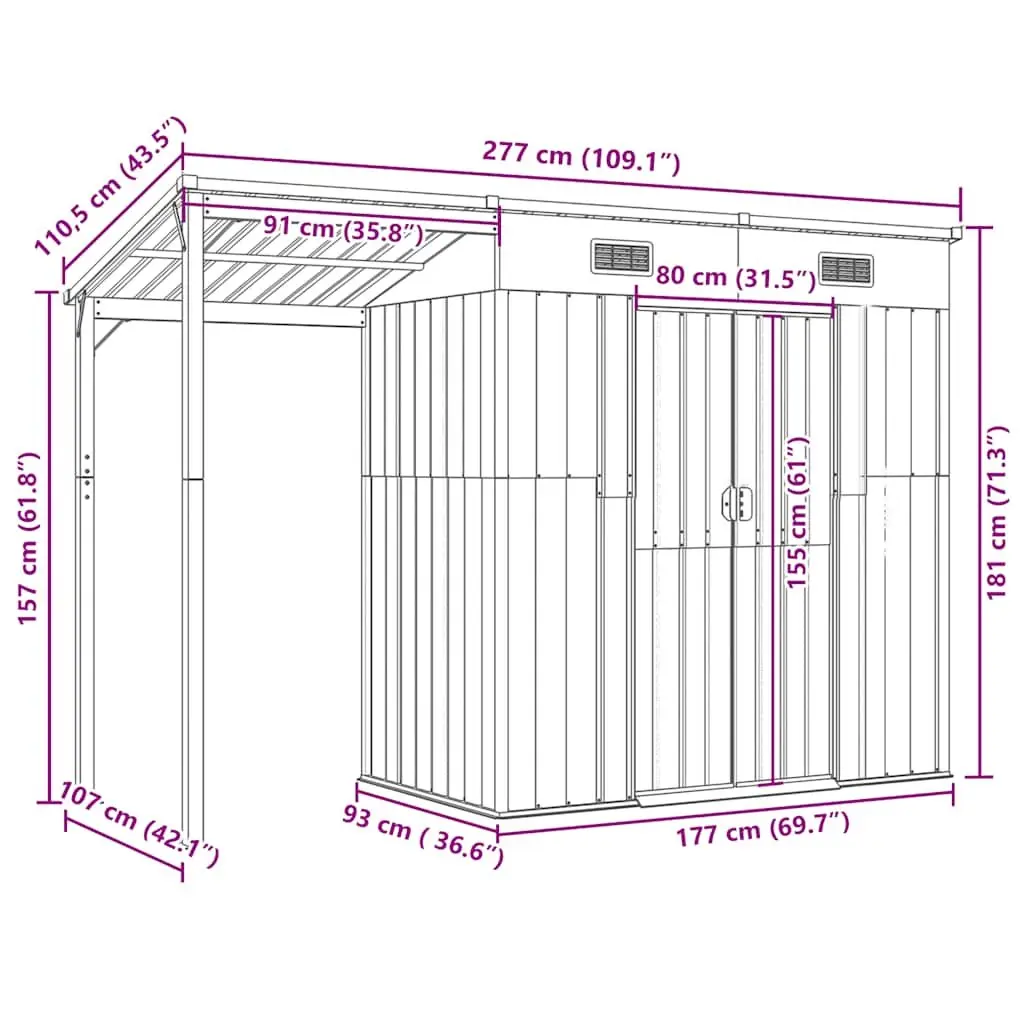 Garden Shed Brown 277x107x181cm Extended Roof Metal Outdoor Storage Tool House