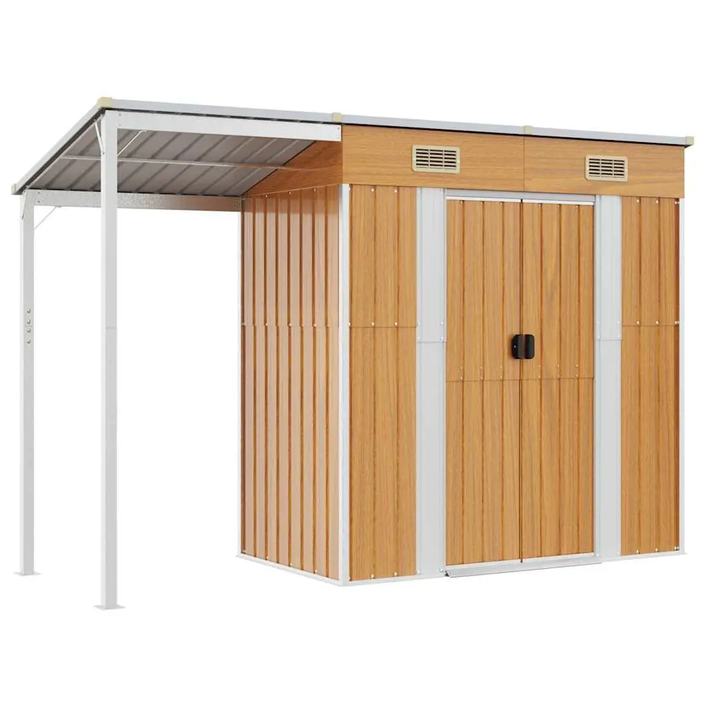 Garden Shed Brown Steel Extended Roof Durable Outdoor Storage Tool House