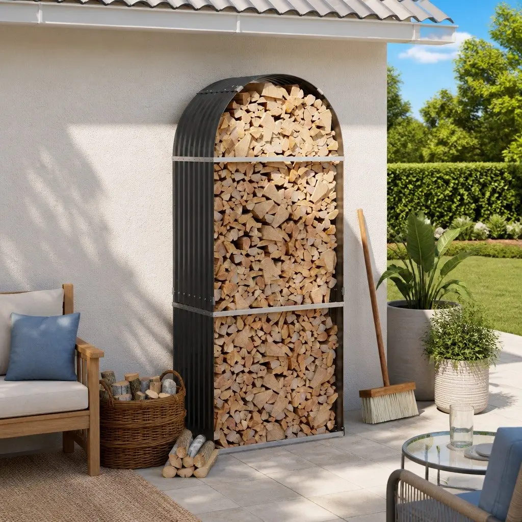 Log Holder Anthracite Steel 80L x 45W x 190H cm Durable Indoor Outdoor Storage Rack
