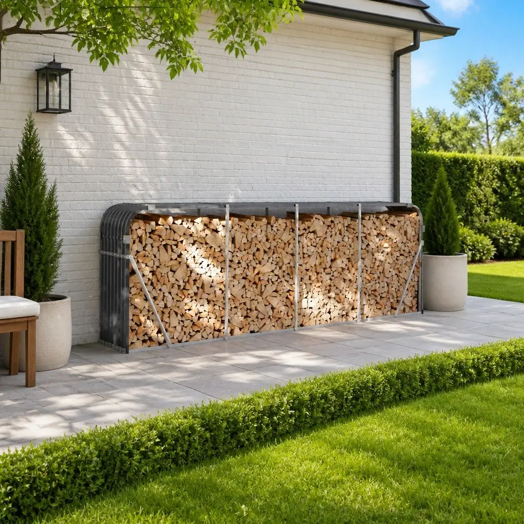 Log Holder Anthracite Galvanised Steel Wall Mount Outdoor Firewood Storage Rack