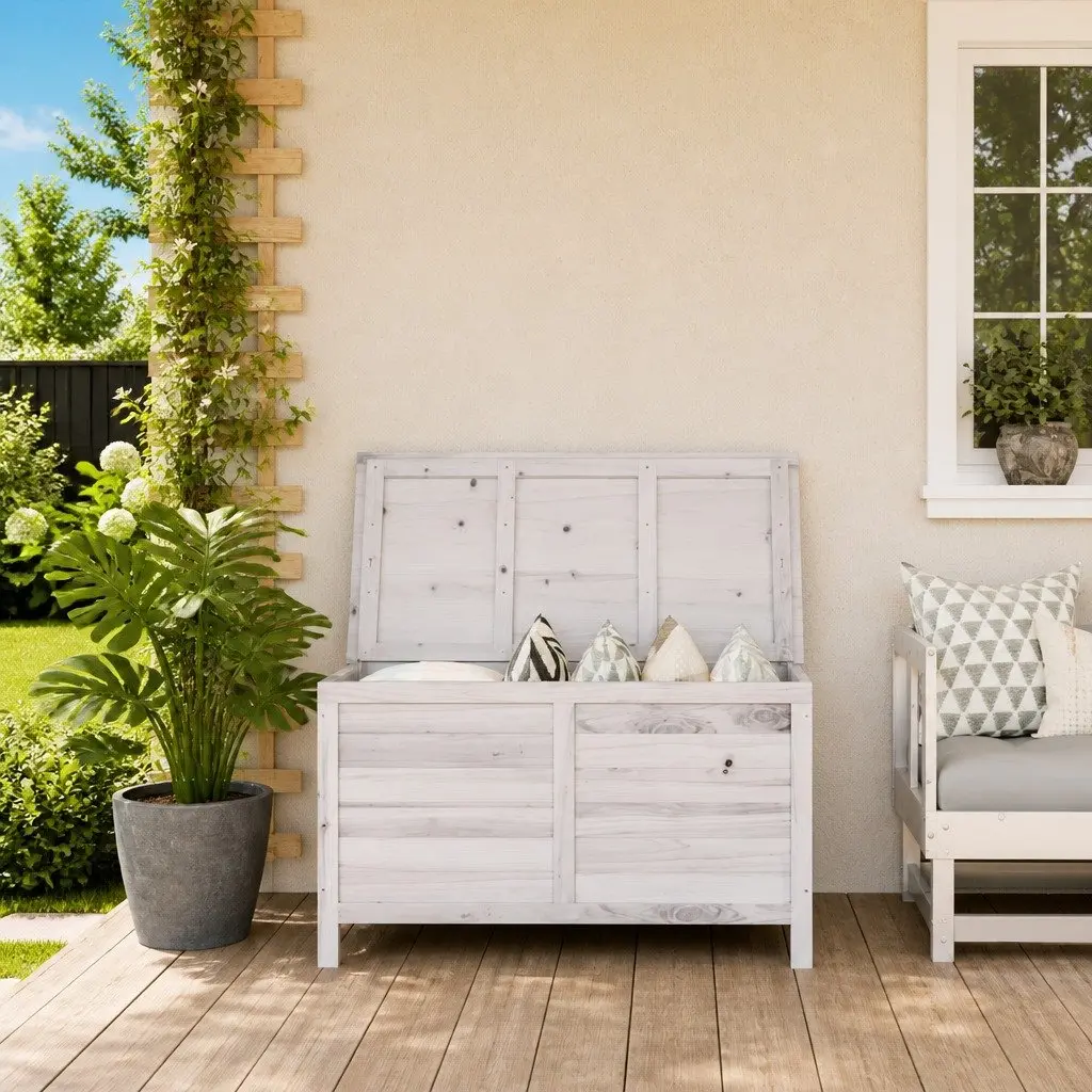 Garden Storage Box White Solid Fir Wood Outdoor Cushion Container 99x49.5x58.5cm