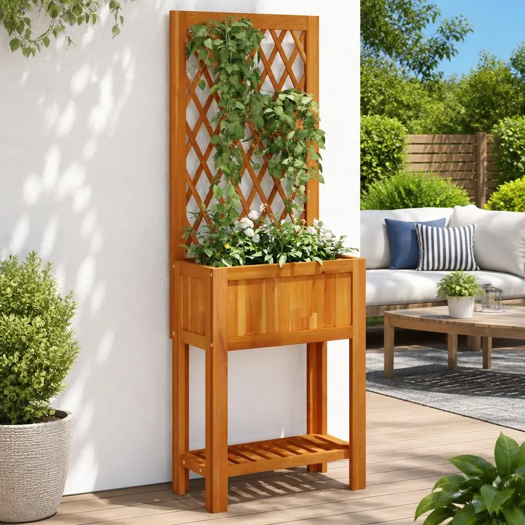 Wooden Planter Brown 55x29.5x152cm Integrated Trellis and Shelf for Climbing Plants