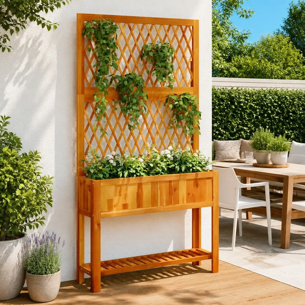 Wooden Planter Brown Tall Acacia Trellis Shelf for Climbing Plants and Flowers