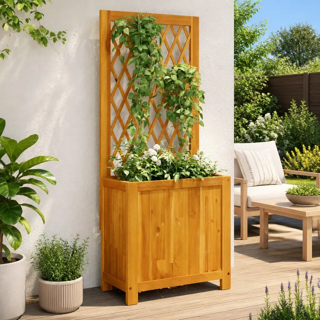 Wooden Planter Brown 55 x 29.5 x 132 cm Integrated Trellis for Climbing Plants Garden Patio Outdoor