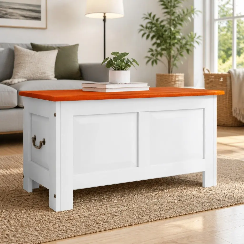 Storage Chest White Solid Wood Acacia Lift Lid Gas Mechanism