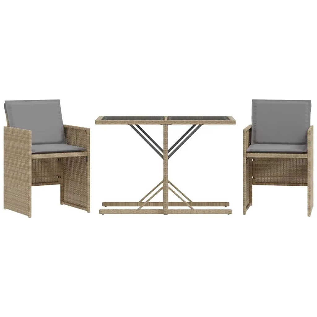 3 Piece Bistro Set Beige Poly Rattan Cushions Table Tempered Glass Top