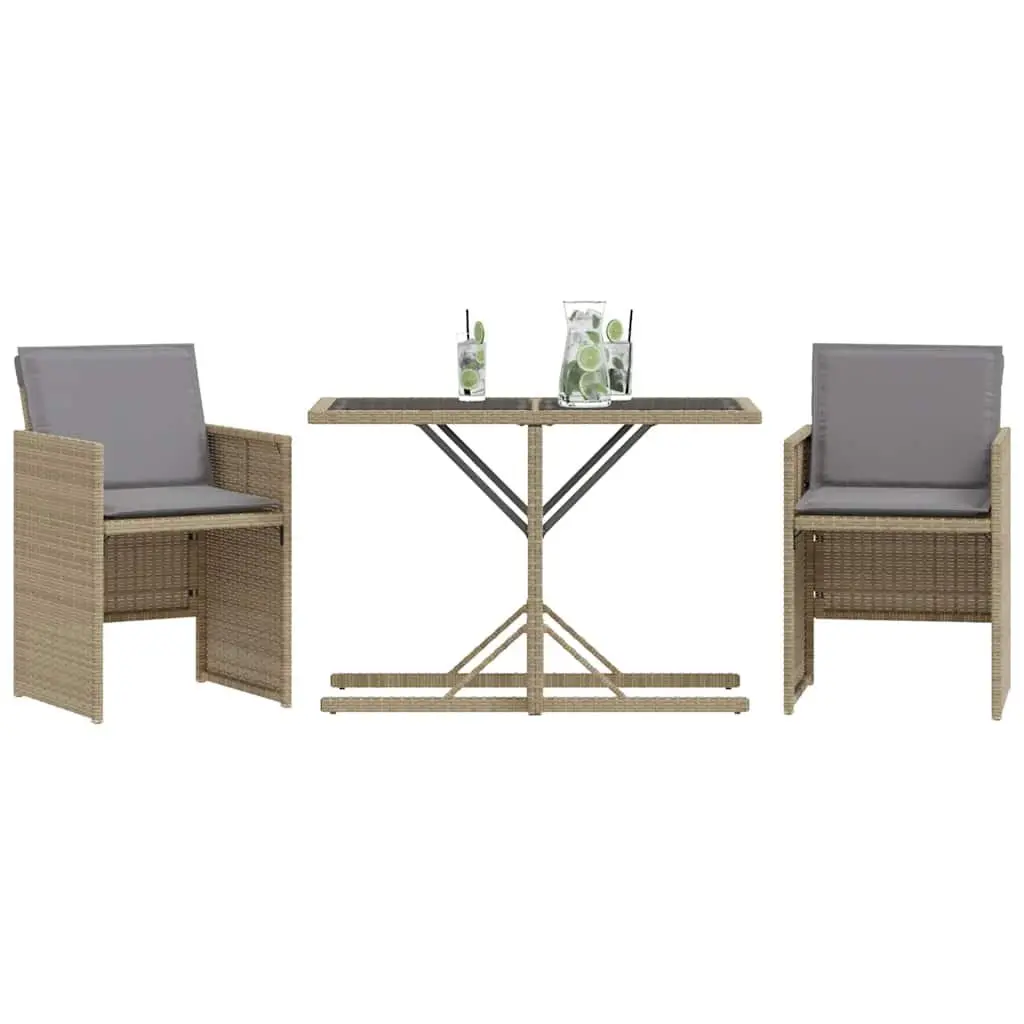 3 Piece Bistro Set Beige Poly Rattan Cushions Table Tempered Glass Top