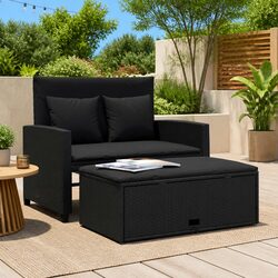 2-Seater Garden Sofa with Cushions Black Poly Rattan Outdoor Bench Sofa Bed