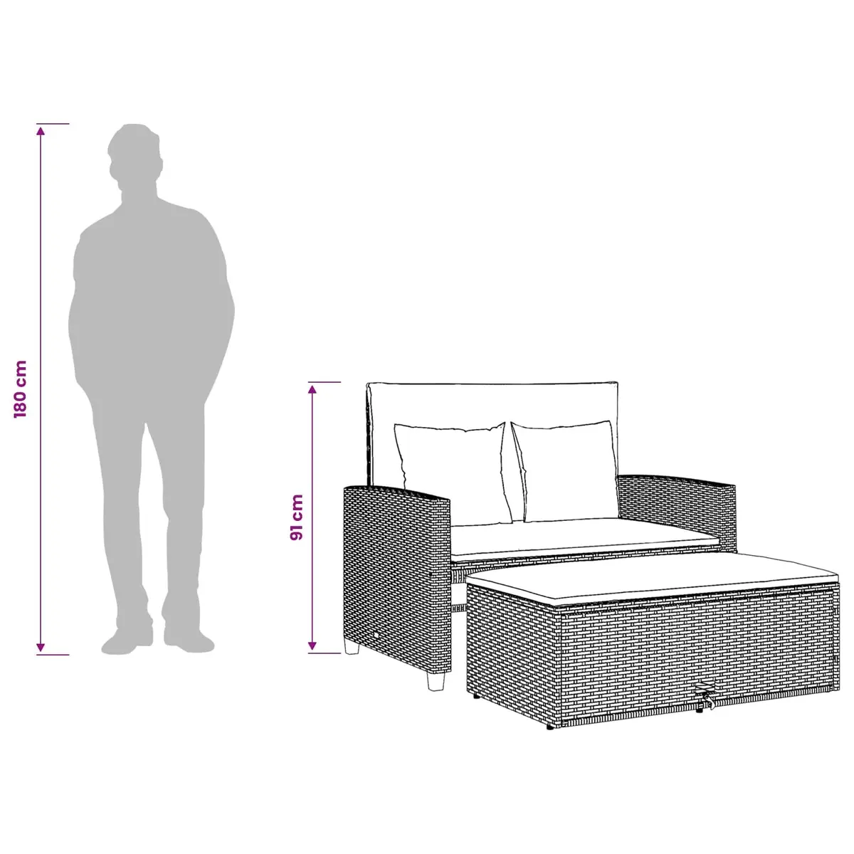 2-Seater Garden Sofa Black Poly Rattan Outdoor Bench Sofa Bed with Cushions