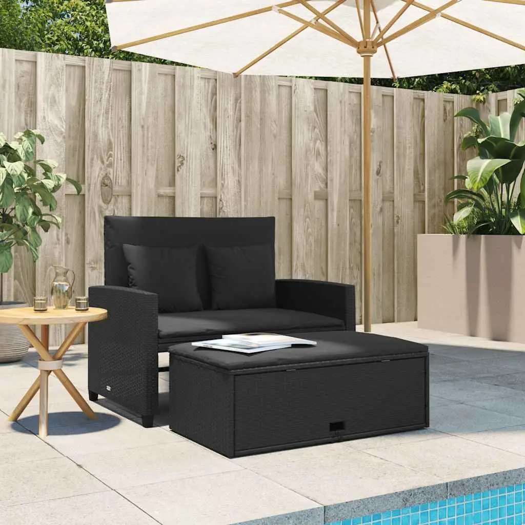 2-Seater Garden Sofa Black Poly Rattan Outdoor Bench Sofa Bed with Cushions
