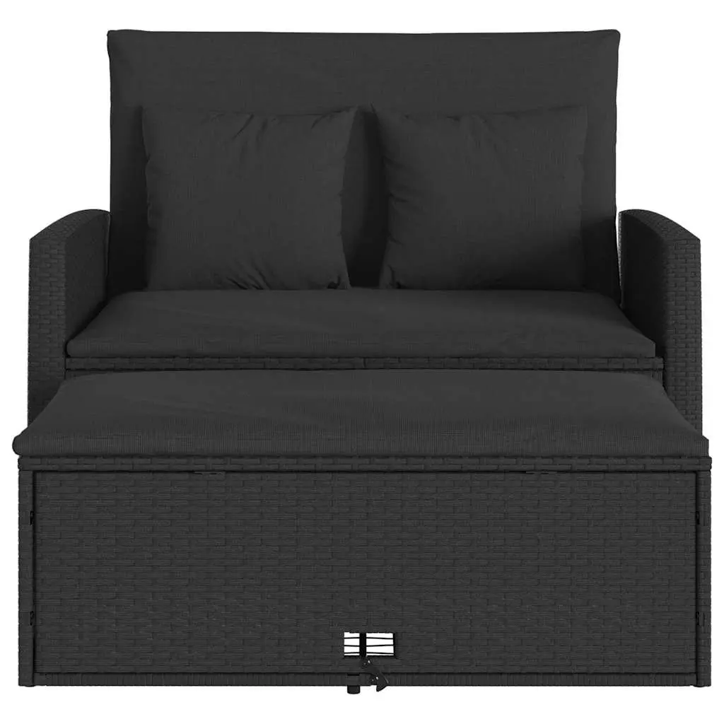 2-Seater Garden Sofa Black Poly Rattan Outdoor Bench Sofa Bed with Cushions