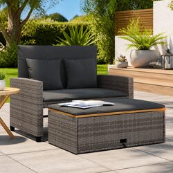 2-Seater Garden Sofa Bench with Cushions Grey Poly Rattan Acacia Wood Outdoor