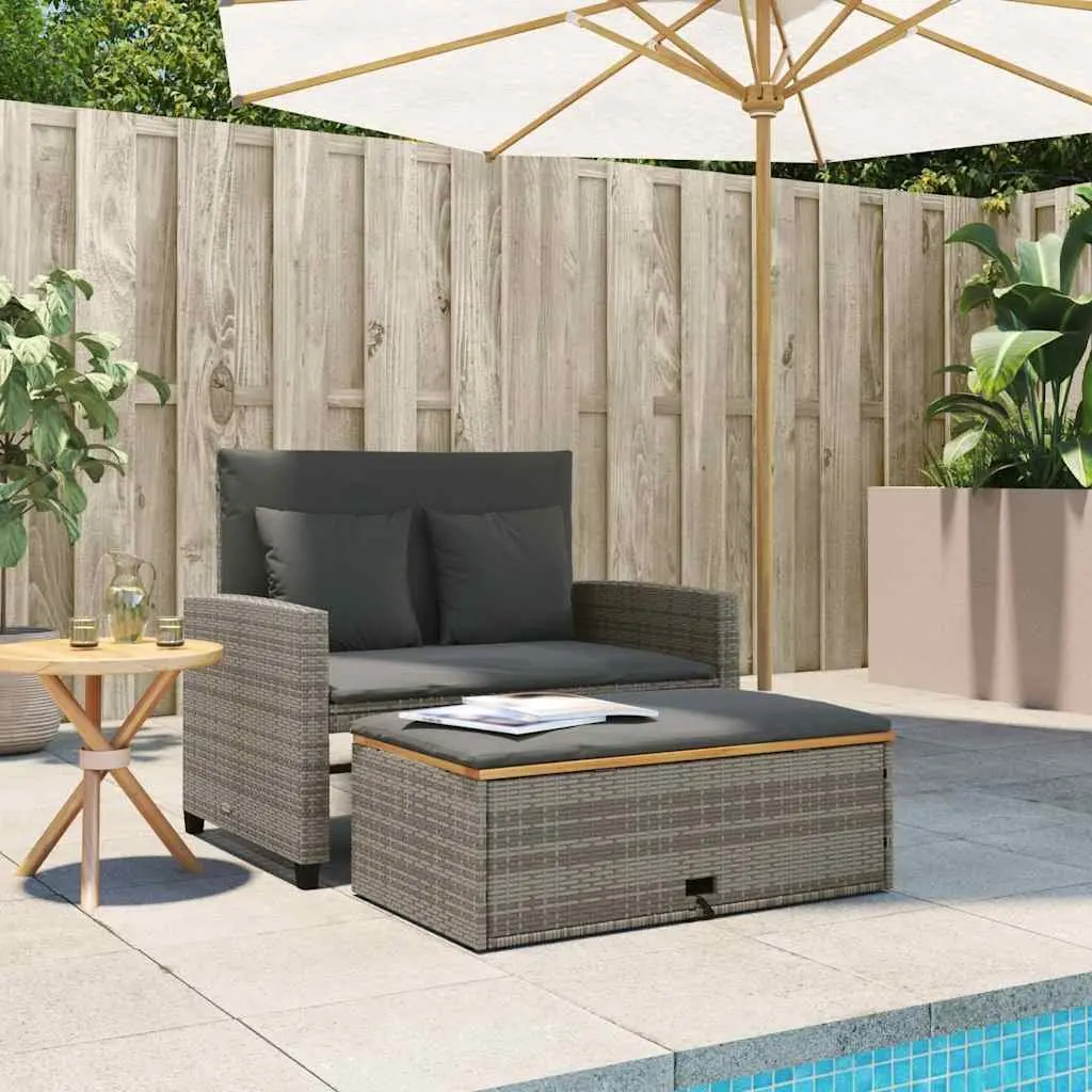 2-Seater Garden Sofa Bench Grey PE Rattan Acacia Wood Outdoor with Cushions