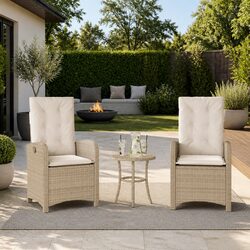 Outdoor Reclining Garden Chairs 2pc Set Beige Poly Rattan with Cushions