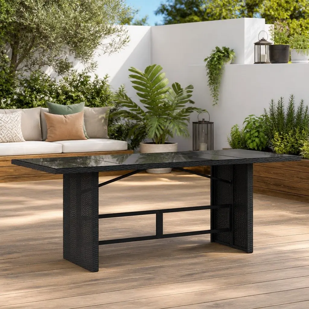Garden Table Black Outdoor Furniture Glass Top Poly Rattan Patio Dining
